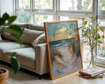 Coastal Pathway Dunes Sea Oats Golden Hour Canvas Wall Art — Scandinavian bedroom displaying sunset shore trail canvas bringing tranquil vibes to clean home design