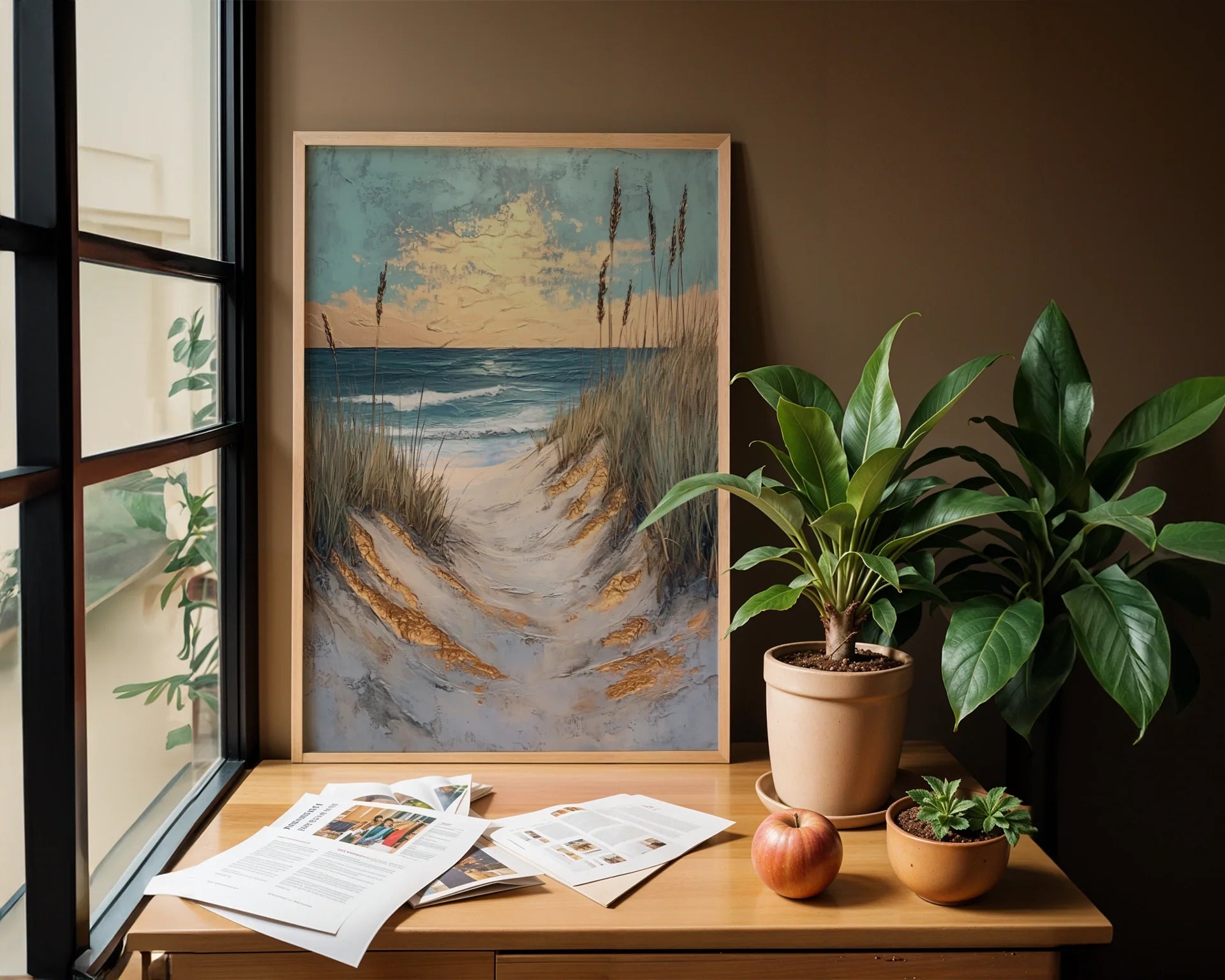 Coastal Pathway Dunes Sea Oats Golden Hour Canvas Wall Art — Bohemian space highlighting wild grass seaside canvas creating peaceful ambiance for eclectic interiors