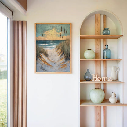 Coastal Pathway Dunes Sea Oats Golden Hour Canvas Wall Art — Sage green and cream canvas displaying textured sand patterns in styled neutral home interior