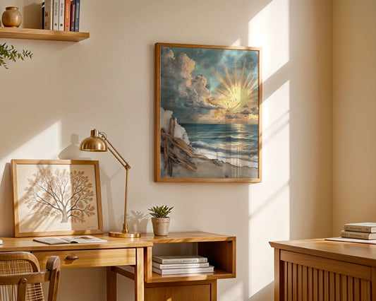 Driftwood Cross Beach Sunset Storm Clouds Canvas Wall Art — Rustic farmhouse canvas featuring weathered timber cross amid rolling ocean waves in sage and cream tones