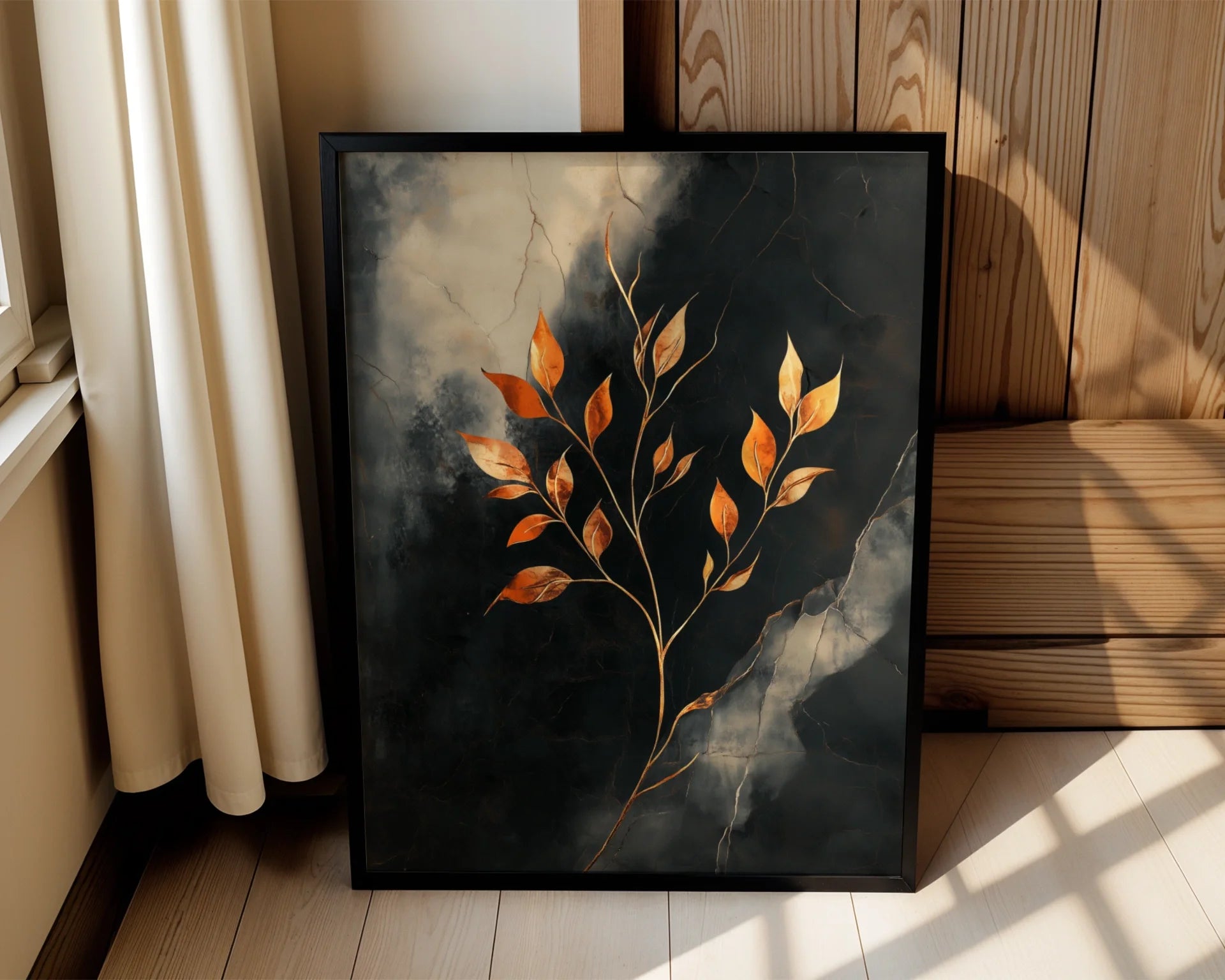 Gold Leaf Botanical Cracked Marble Texture Canvas Wall Art — Contemporary artwork featuring metallic branches piercing weathered stone for refined home styling