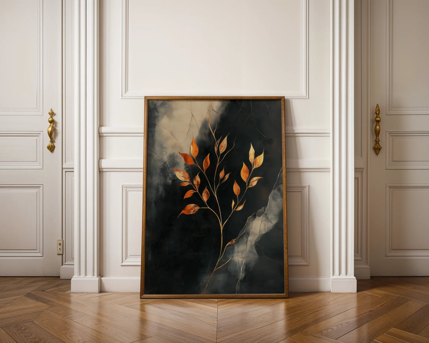 Gold Leaf Botanical Cracked Marble Texture Canvas Wall Art — Minimalist canvas displaying copper-toned vegetation against fractured granite for chic living spaces