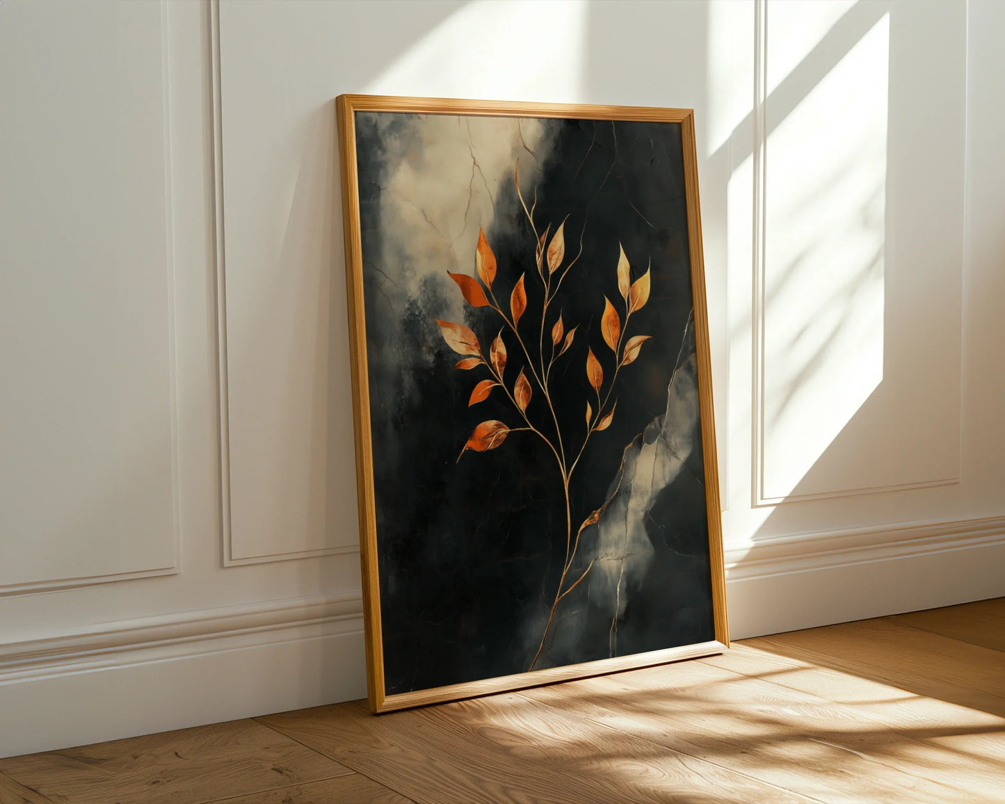 Gold Leaf Botanical Cracked Marble Texture Canvas Wall Art — Refined wall piece showing bronzed stems emerging from cracked marble for polished interior design