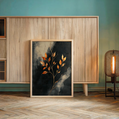 Gold Leaf Botanical Cracked Marble Texture Canvas Wall Art — Rich burnt orange foliage contrasts against charcoal marble texture in this striking wall canvas