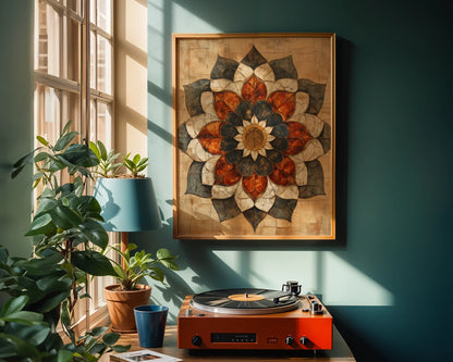 Boho Lotus Mandala Cracked Stone Texture Canvas Wall Art — Eclectic living space displays vintage-inspired spiritual artwork with timeless geometric designs