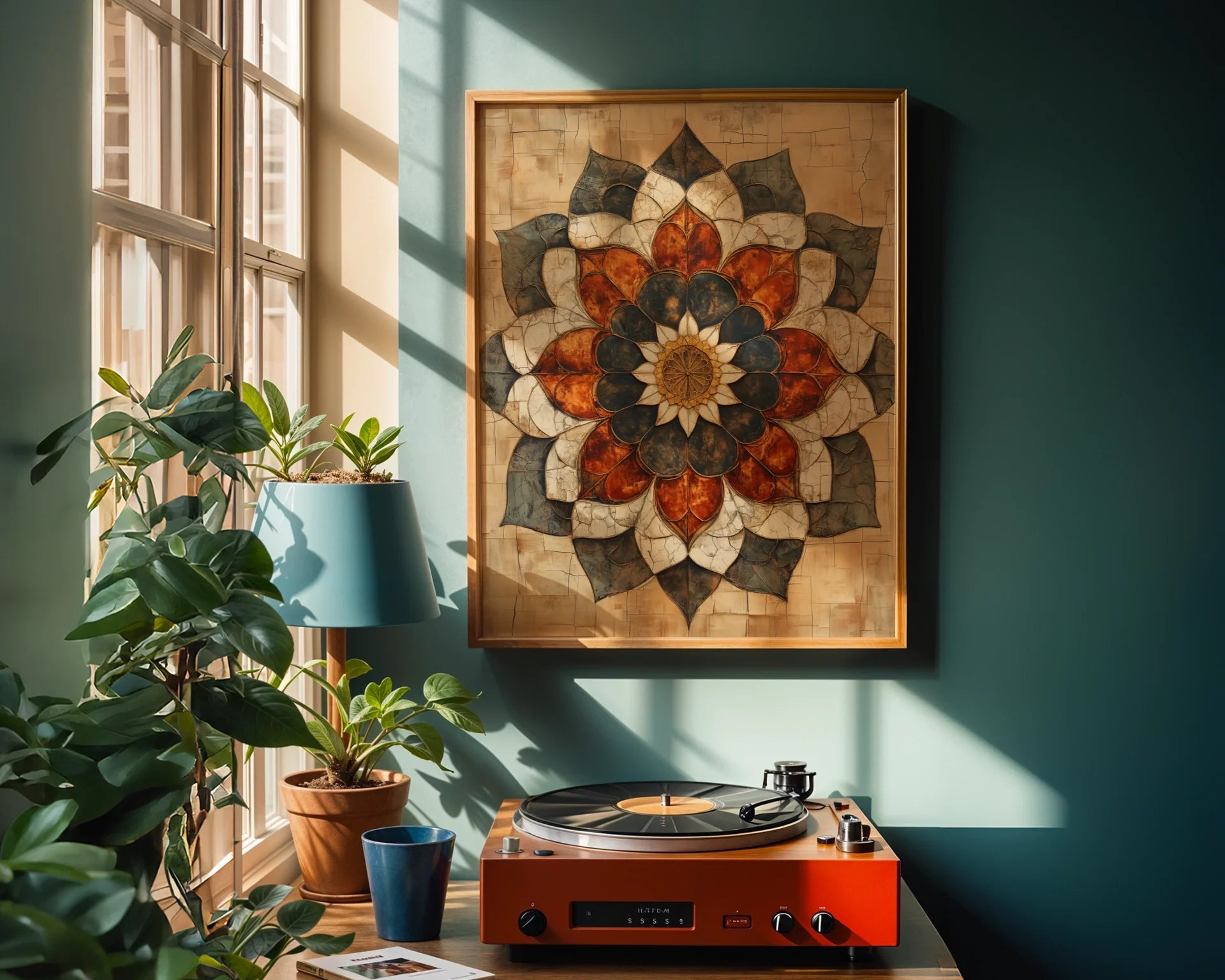 Boho Lotus Mandala Cracked Stone Texture in room