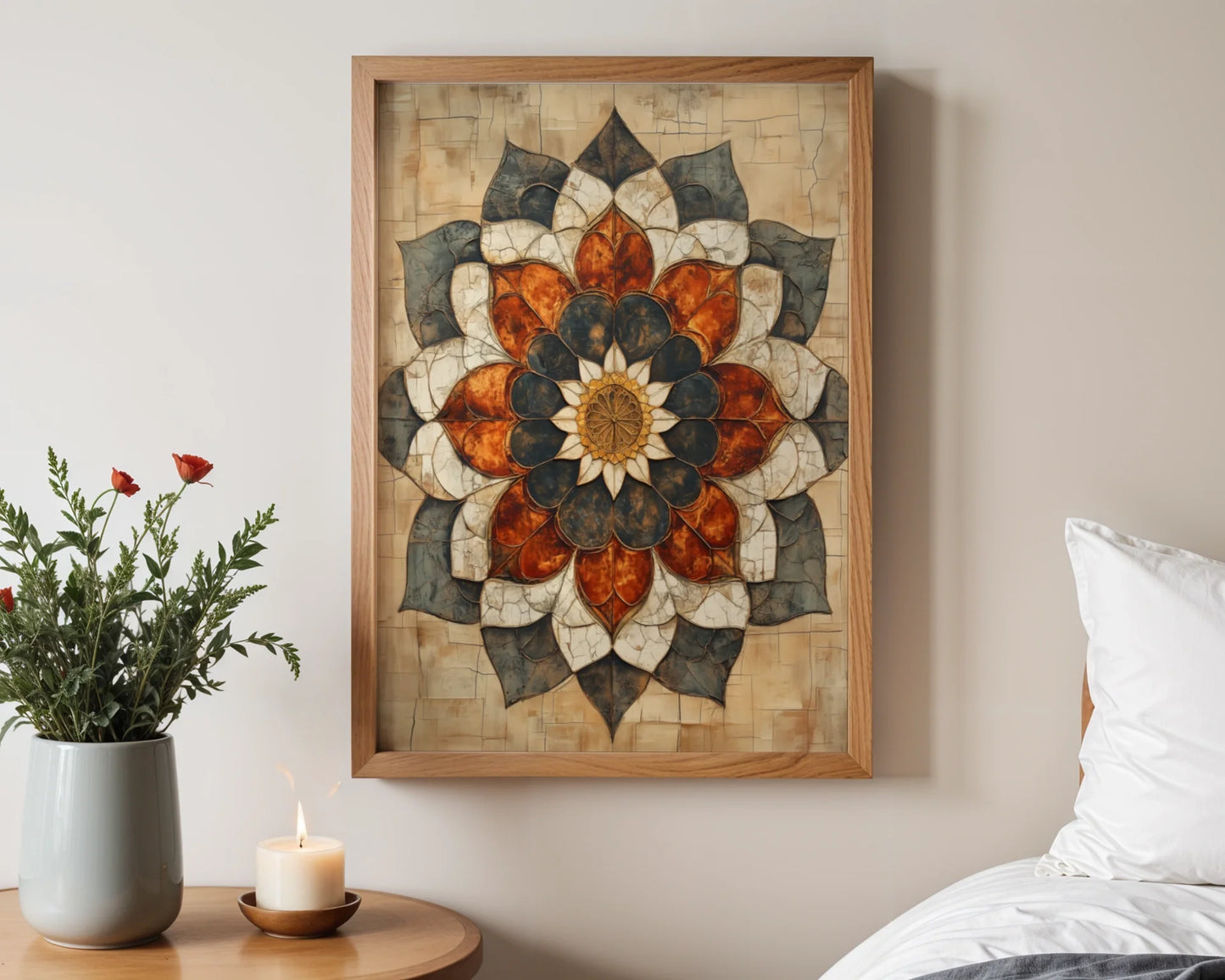 Boho Lotus Mandala Cracked Stone Texture Canvas Wall Art — Natural home styling highlights textured canvas with zen garden vibes for peaceful interiors