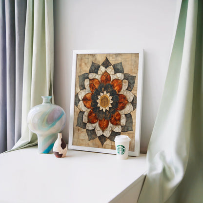 Boho Lotus Mandala Cracked Stone Texture Canvas Wall Art — Rich amber tones blend with deep charcoal in this tactile canvas perfect for warm color schemes