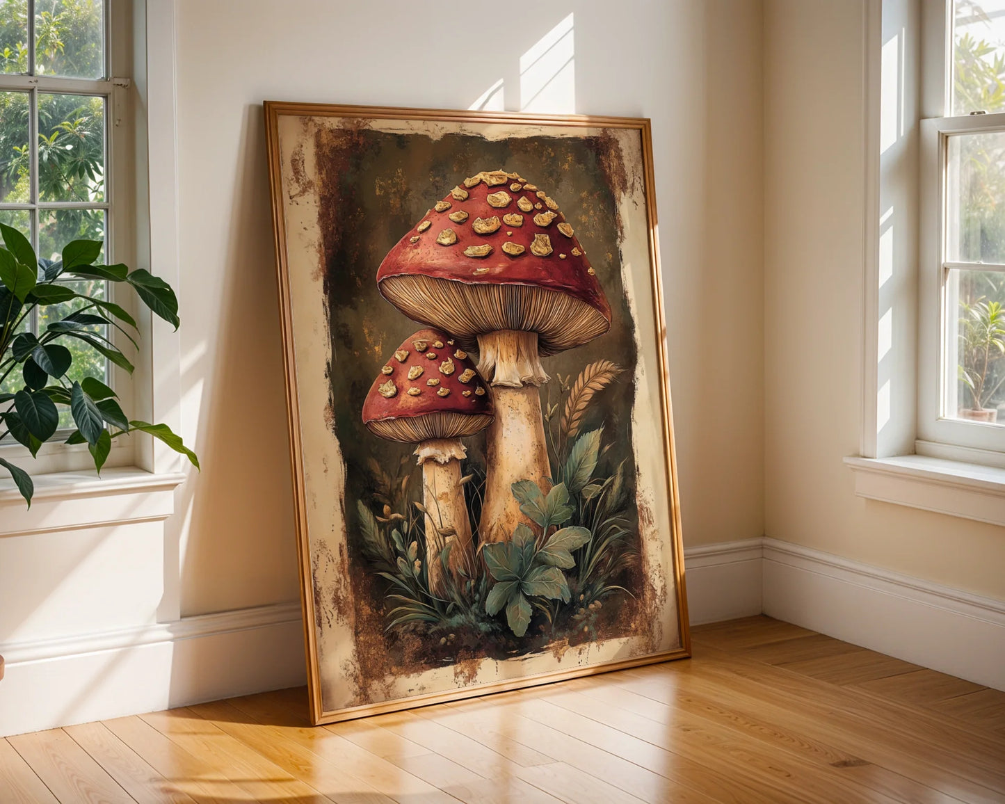 Red Toadstool Art Golden Scales Dark Academia Canvas Print — Antique nature study showcases twin crimson caps for timeless traditional home styling
