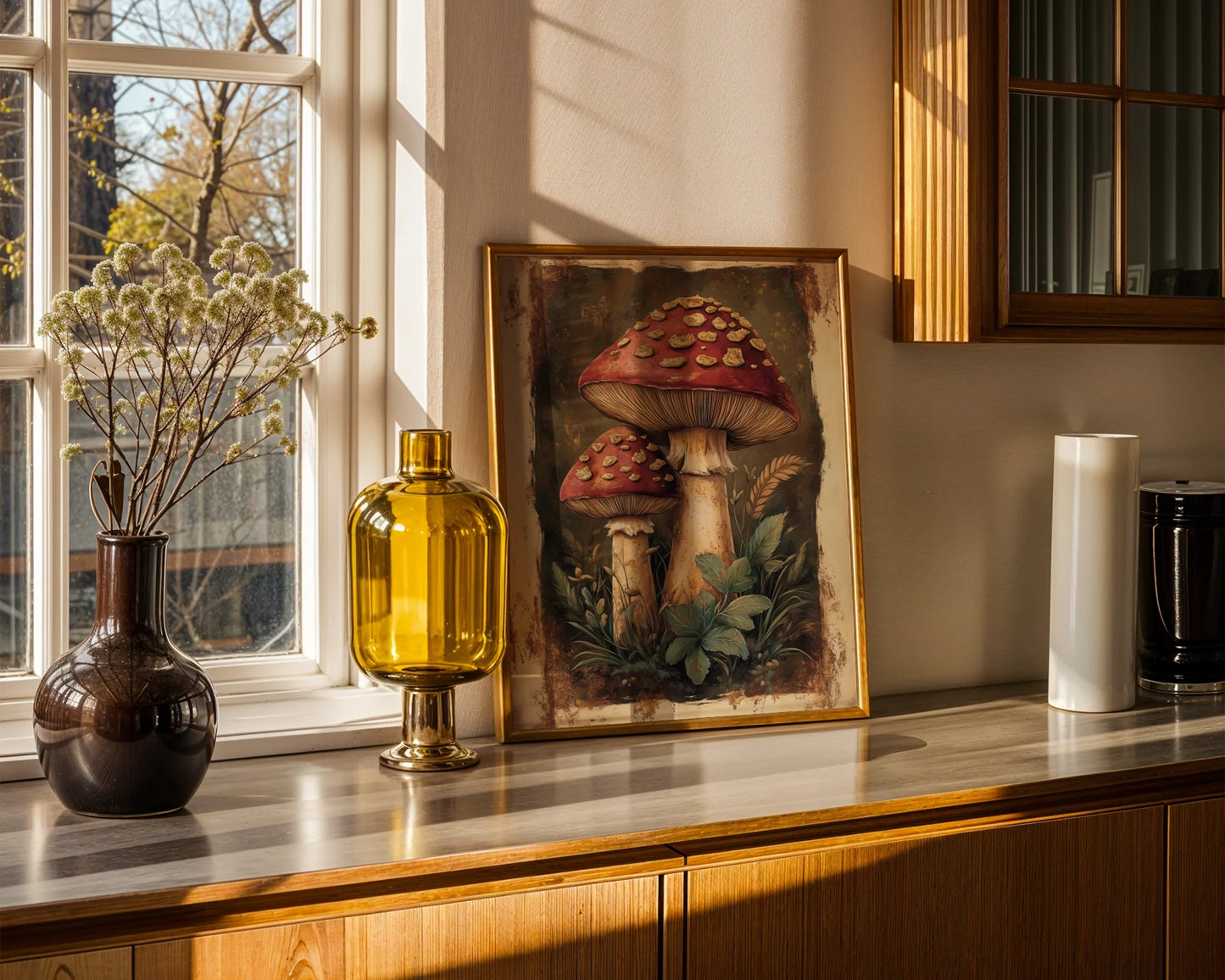 Red Toadstool Art Golden Scales Dark Academia Canvas Print — Farmhouse living room displays gilded fungi artwork for rustic country home decor inspiration
