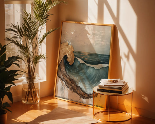 Ocean Wave Art Gold Leaf Driftwood Frame Canvas Wall Art — Contemporary seascape artwork displaying crashing waves with metallic highlights in minimalist home decor