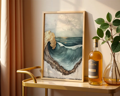 Ocean Wave Art Gold Leaf Driftwood Frame Canvas Wall Art — Rustic shore scene featuring weathered wood elements and flowing water for farmhouse interior design