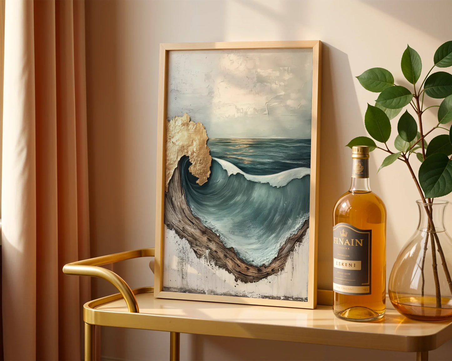 Ocean Wave Art Gold Leaf Driftwood Frame in room