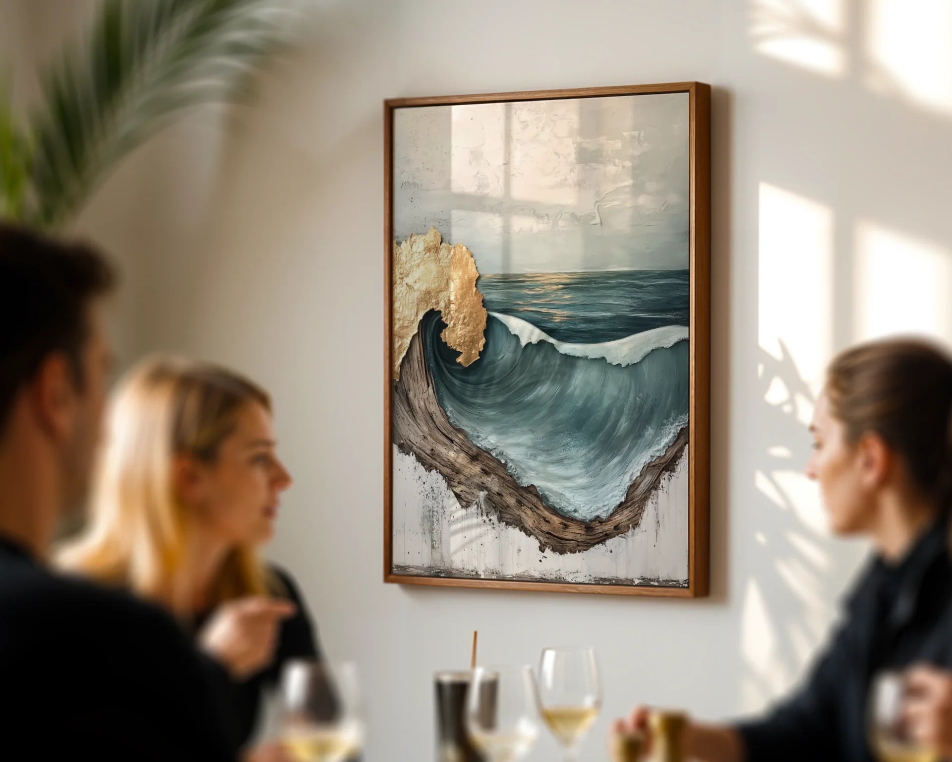Ocean Wave Art Gold Leaf Driftwood Frame Canvas Wall Art — Marine-themed canvas showing dynamic water movement with shimmering details for nautical home styling
