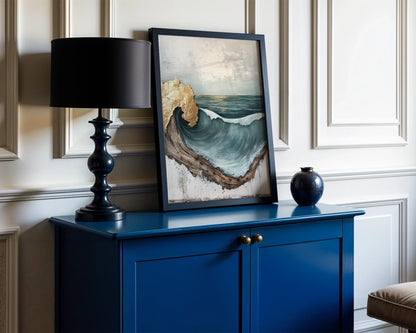 Ocean Wave Art Gold Leaf Driftwood Frame in room
