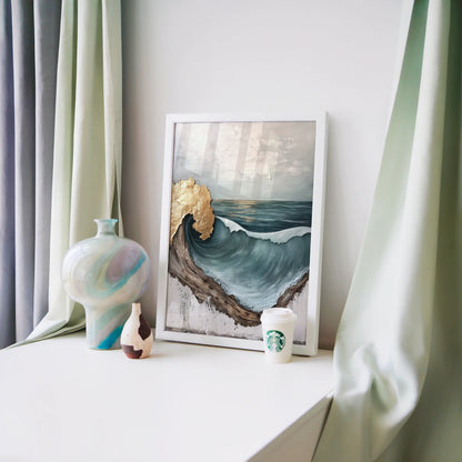 Ocean Wave Art Gold Leaf Driftwood Frame Canvas Wall Art — Bold ocean scene with raised brushstrokes and gleaming metallic touches for contemporary wall styling