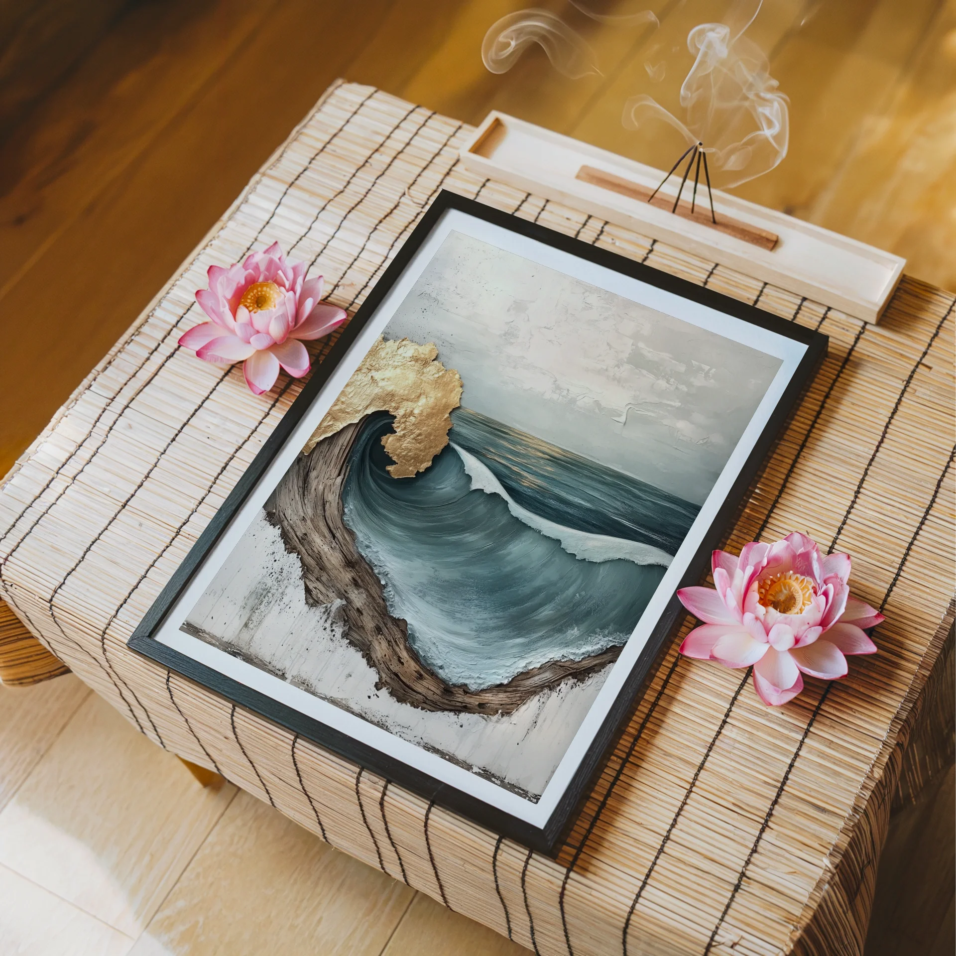 Ocean Wave Art Gold Leaf Driftwood Frame Canvas Wall Art — Storm-swept teal and champagne colored wave artwork with rich texture for modern interior design