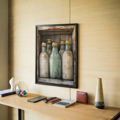 Farmhouse Milk Bottles Gold Foil Canvas Wall Art Kitchen — Timeworn glass jars canvas creating nostalgic focal point in shabby chic room decor