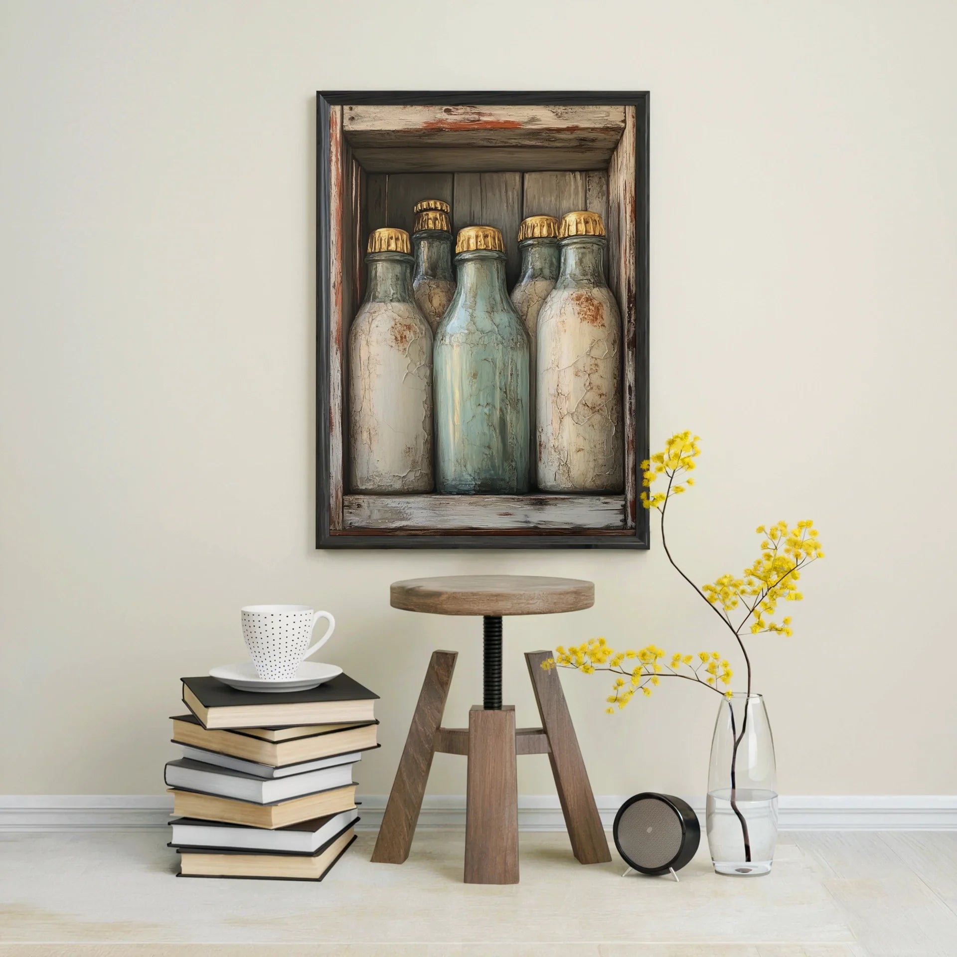 Farmhouse Milk Bottles Gold Foil Canvas Wall Art Kitchen — Sage green toned canvas featuring textured dairy vessels in creamy neutral palette