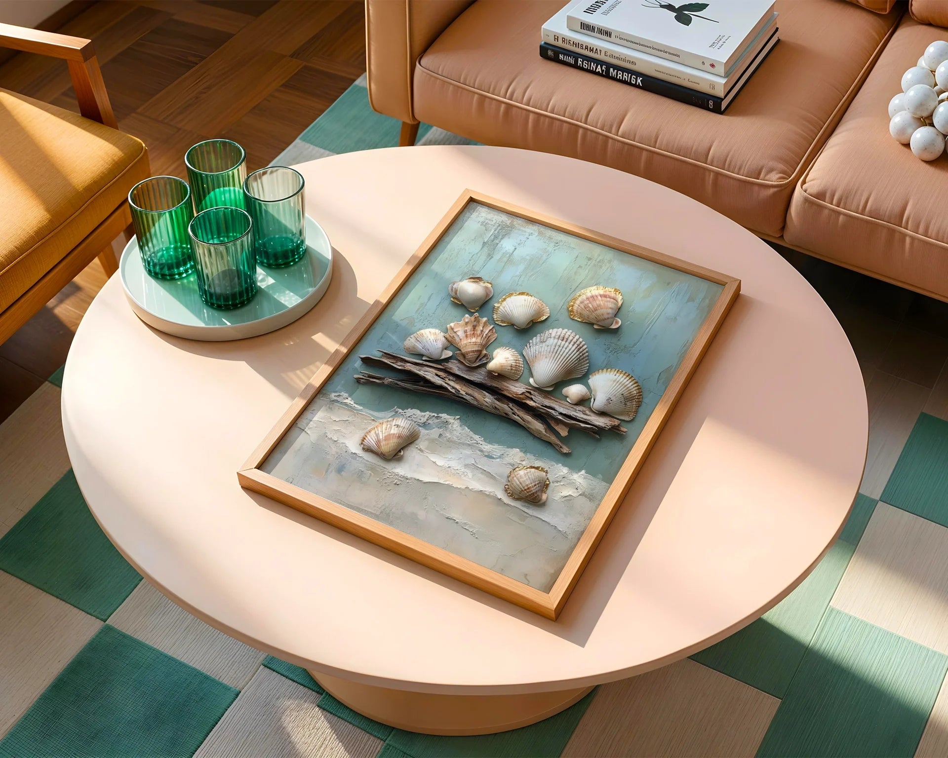 Coastal Shell Art Gold Gilded Scallops on Driftwood in room