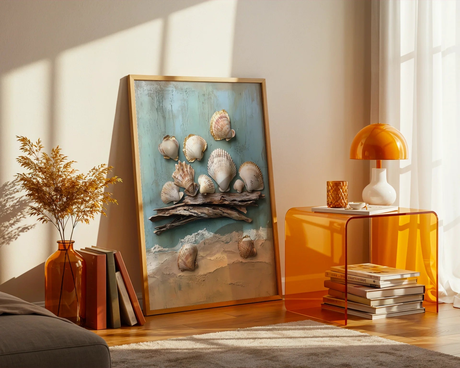 Coastal Shell Art Gold Gilded Scallops on Driftwood in room