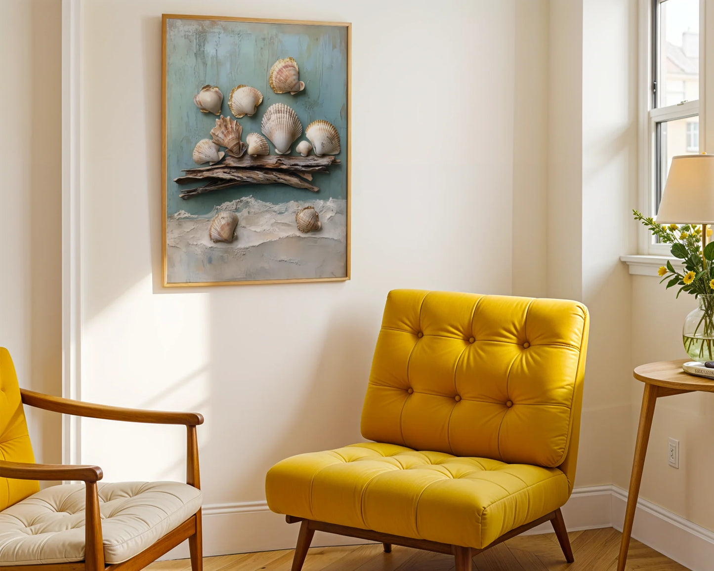 Coastal Shell Art Gold Gilded Scallops on Driftwood in room