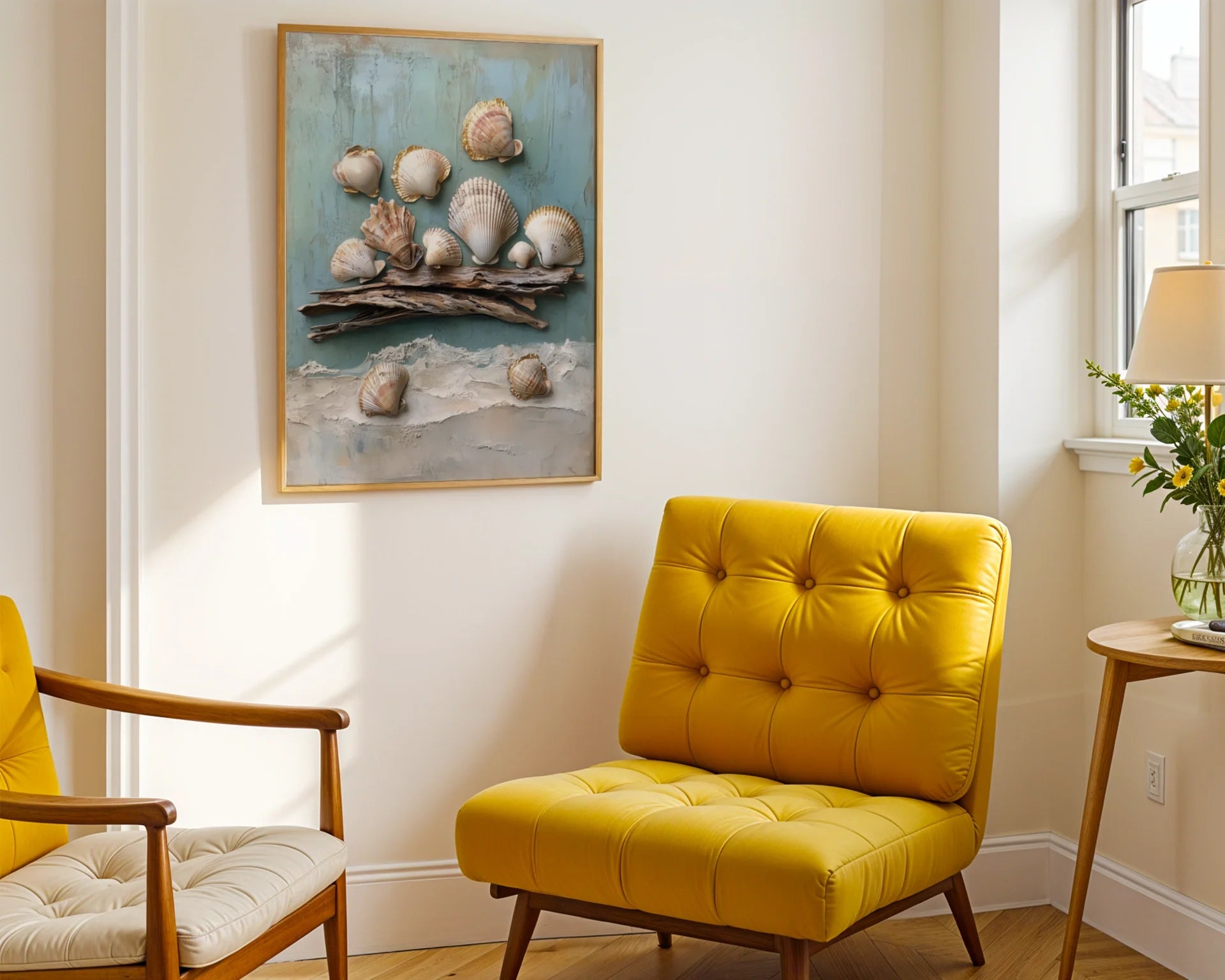 Coastal Shell Art Gold Gilded Scallops on Driftwood in room
