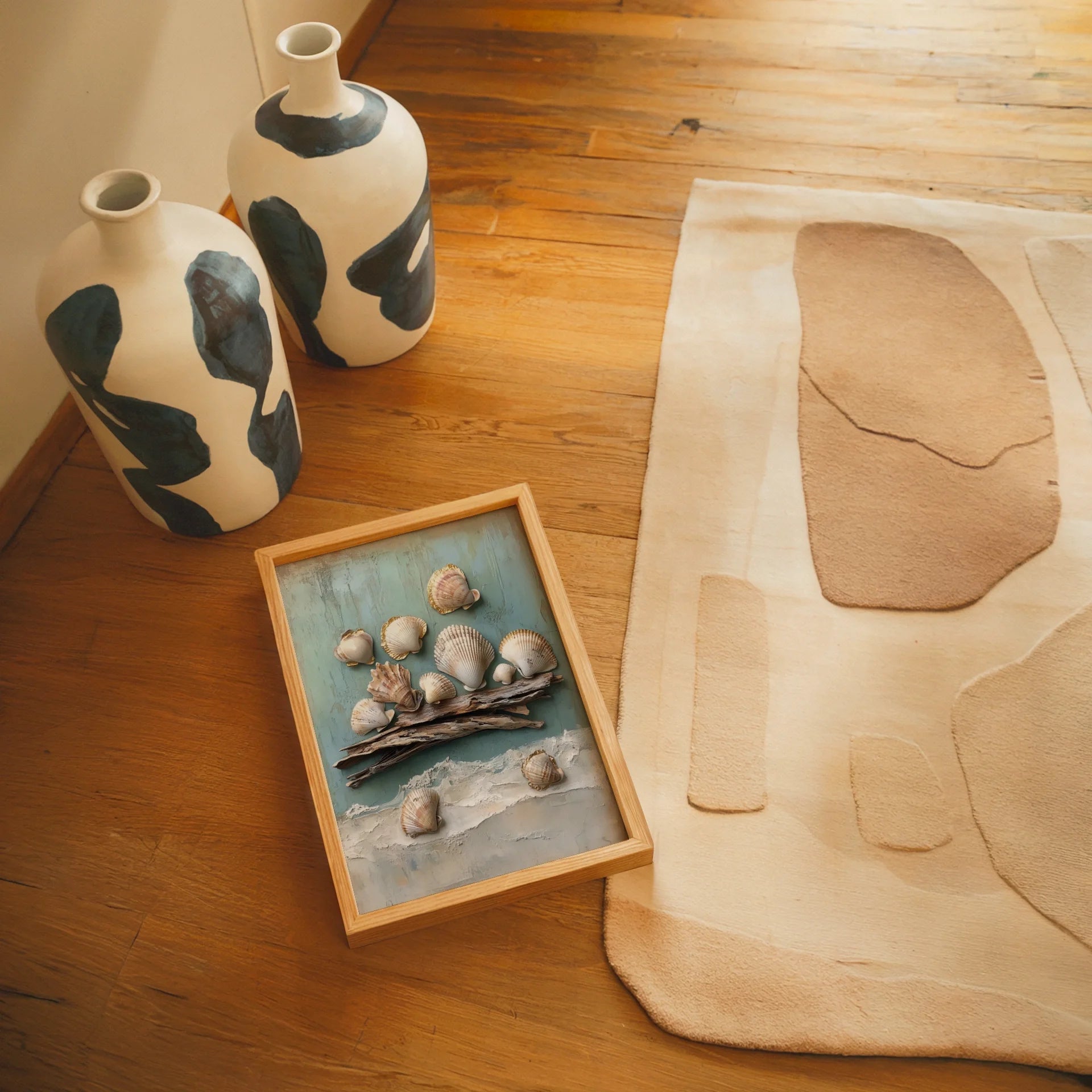 Coastal Shell Art Gold Gilded Scallops on Driftwood Canvas — Rustic seashore findings portrayed in raised canvas artwork for laid-back coastal home styling