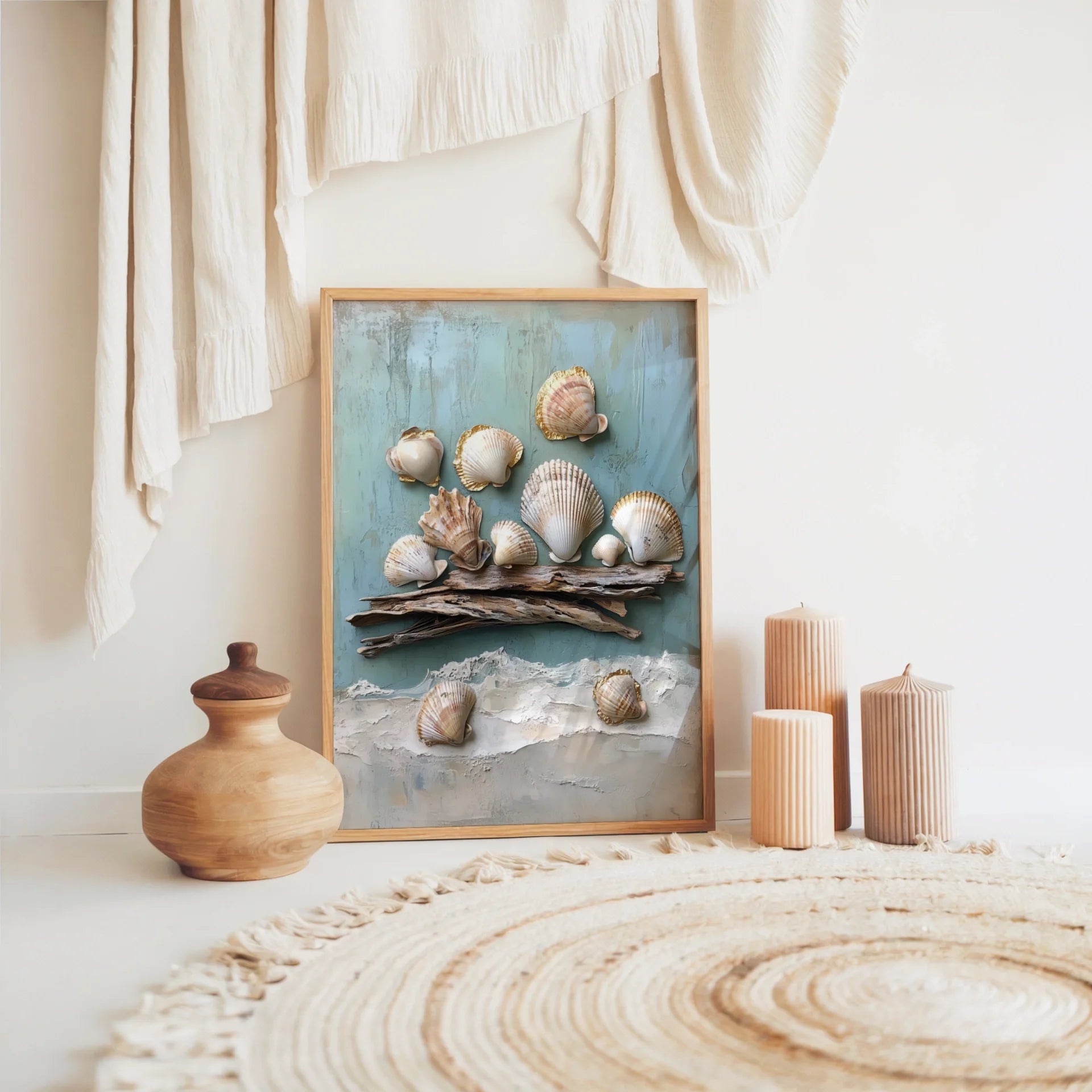 Coastal Shell Art Gold Gilded Scallops on Driftwood in room