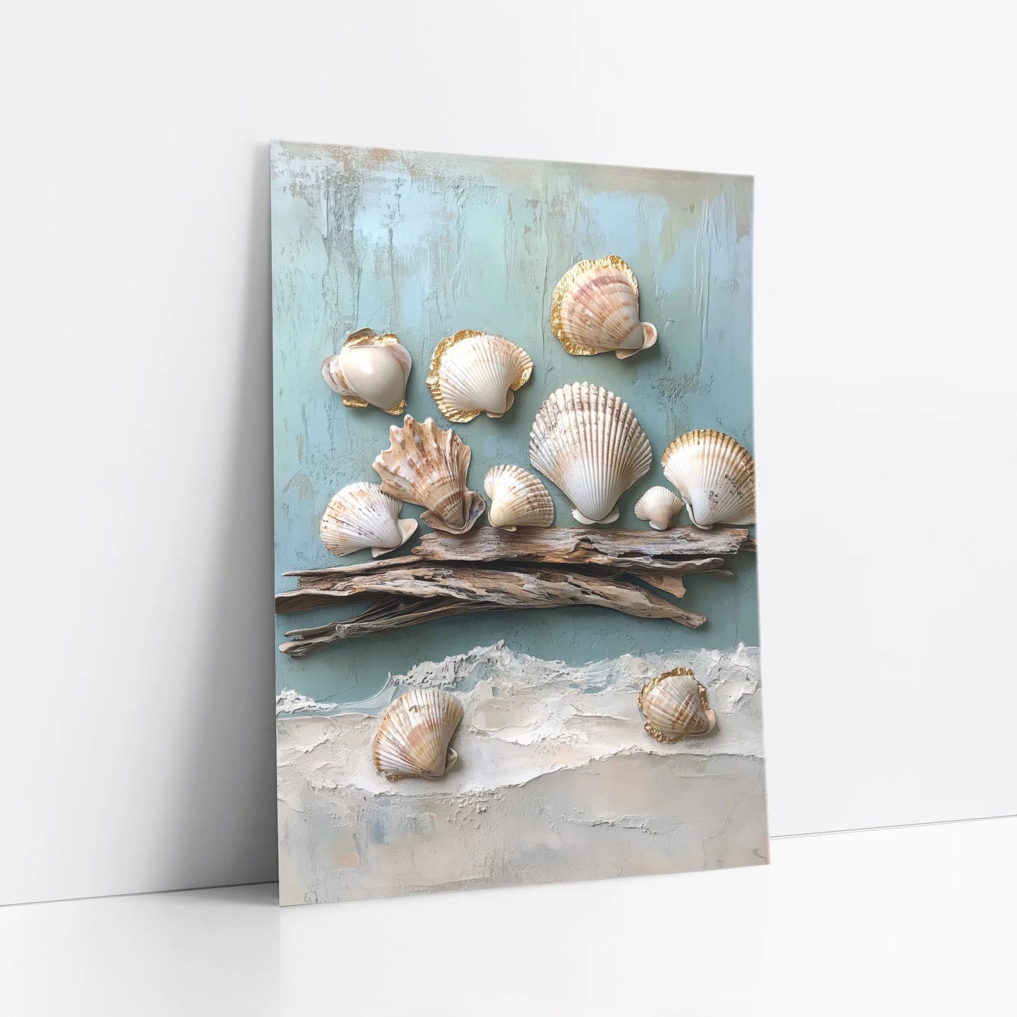Coastal Shell Art Gold Gilded Scallops on Driftwood art print