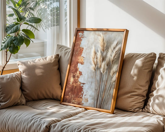 Pampas Grass Mediterranean Boho Bleached Plumes Canvas Art — Organic canvas artwork featuring tall reedy stems against textured backdrop for bohemian interiors