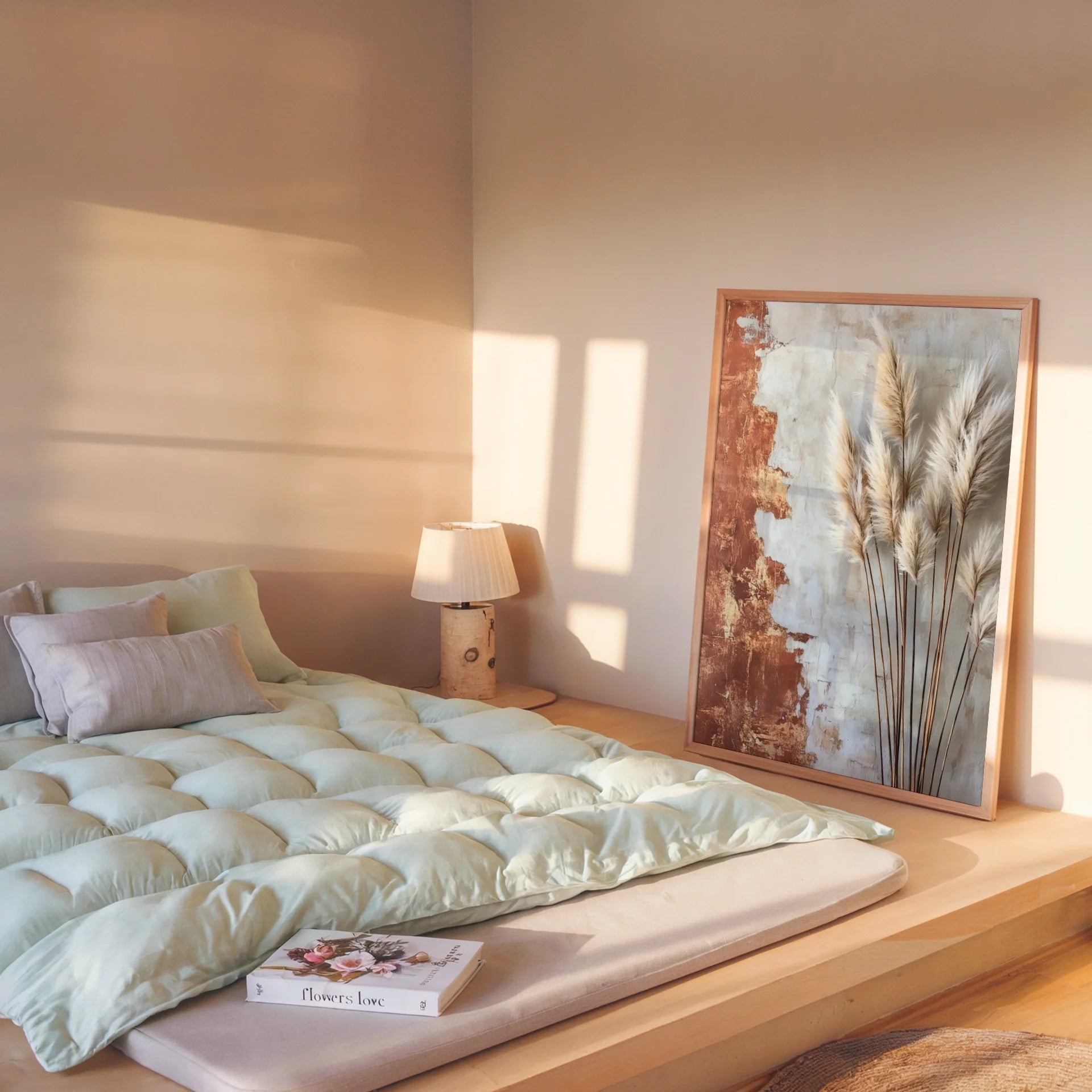 Pampas Grass Mediterranean Boho Bleached Plumes Canvas Art — Cream and terracotta canvas art with rough stone texture for warm neutral home decor schemes