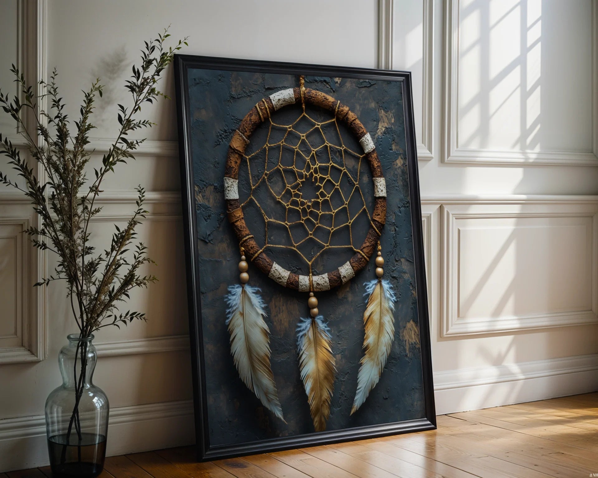Dreamcatcher Sacred Golden Web Feathers in room