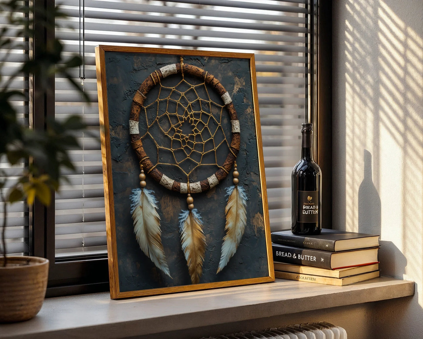 Dreamcatcher Wall Art Sacred Golden Web Feathers Canvas Print — Modern boho decor featuring luminous web design with ancestral elements for eclectic spaces
