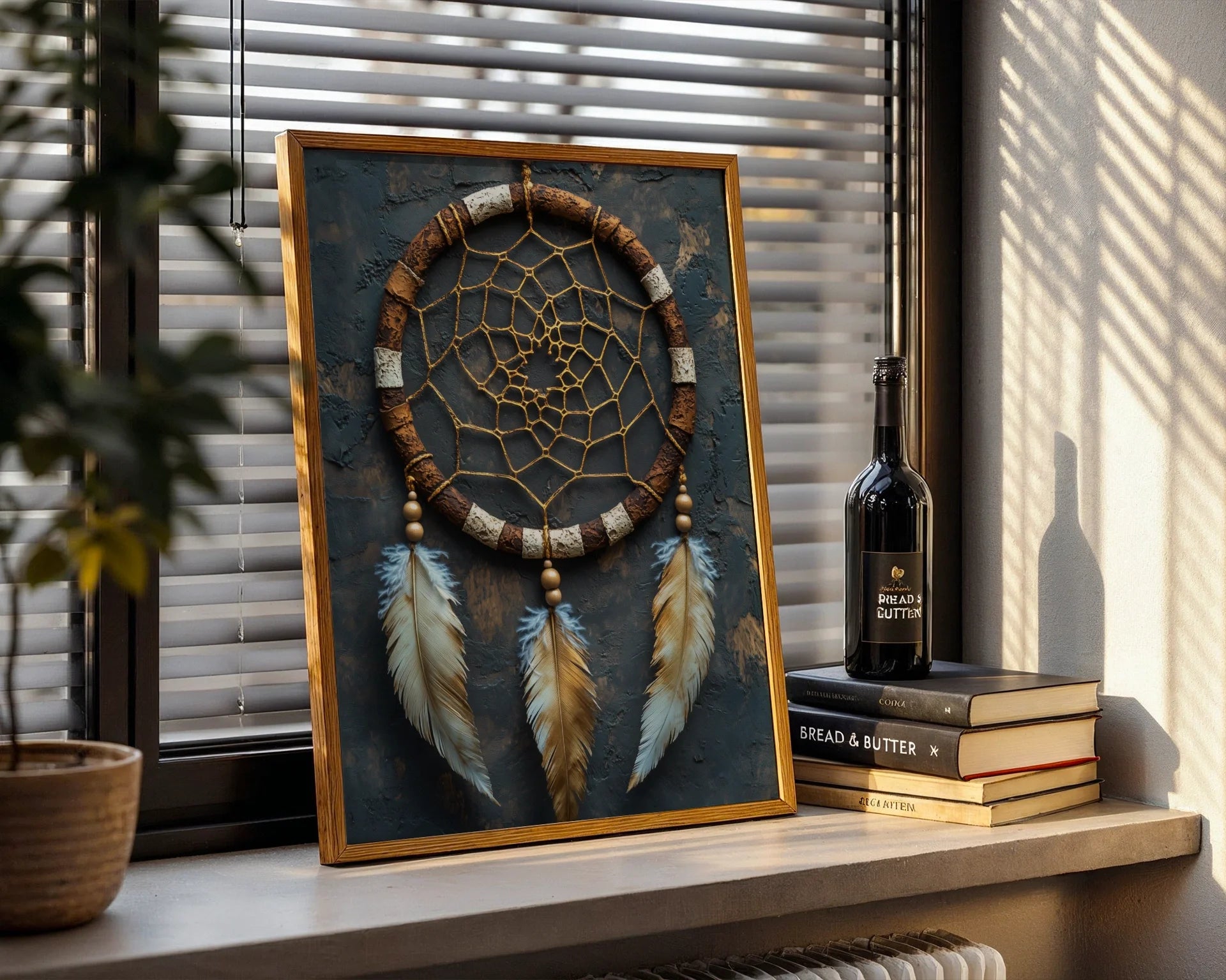 Dreamcatcher Wall Art Sacred Golden Web Feathers Canvas Print — Modern boho decor featuring luminous web design with ancestral elements for eclectic spaces