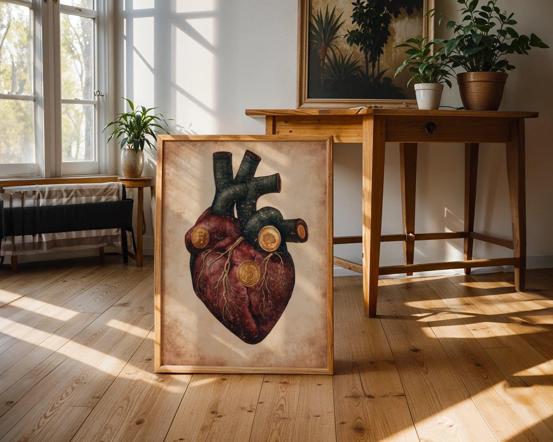 Steampunk Anatomical Heart Golden Medallions in room