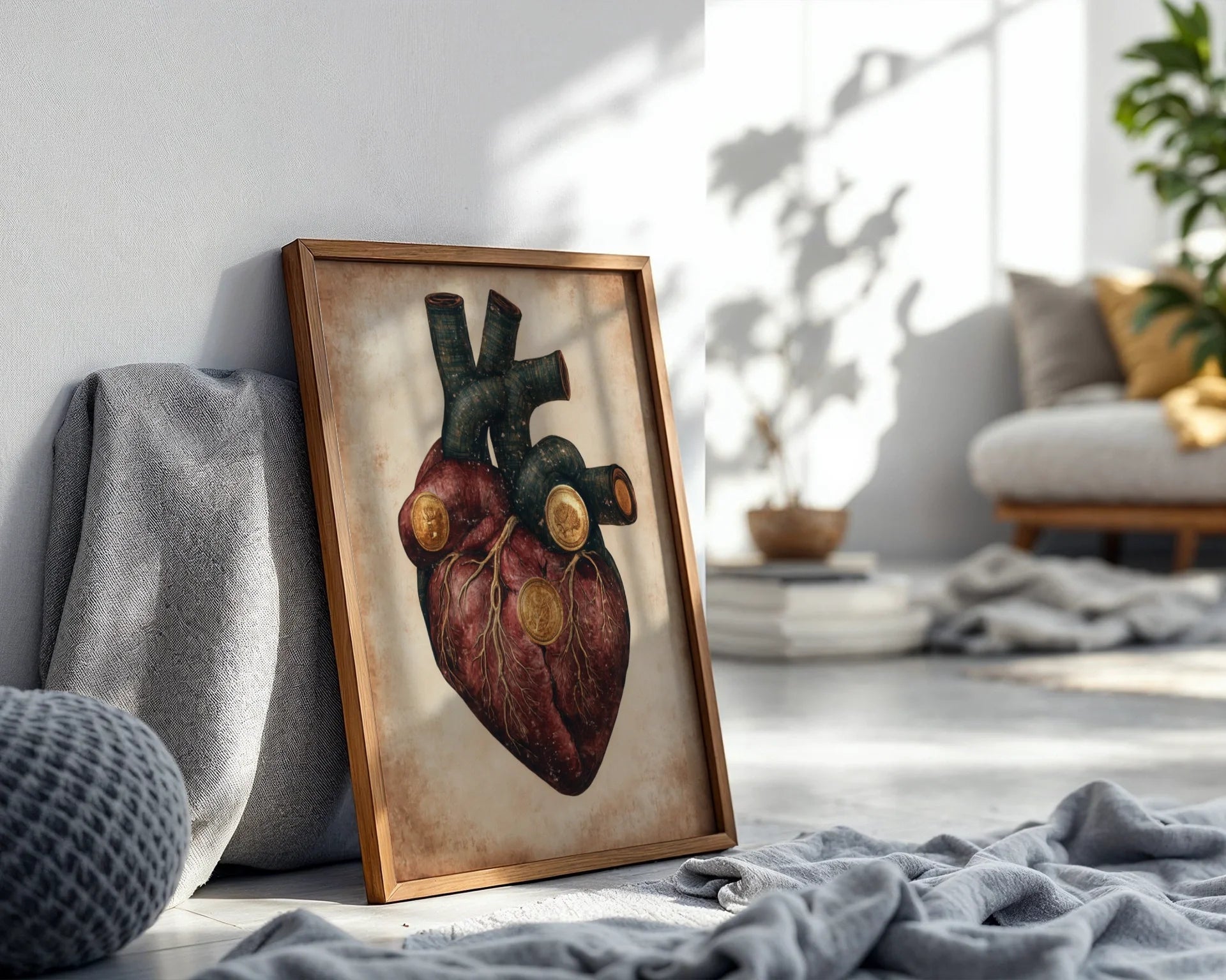 Steampunk Anatomical Heart Golden Medallions Canvas Wall Art — Detailed cardiac illustration with vintage scientific elements displayed in minimalist living space