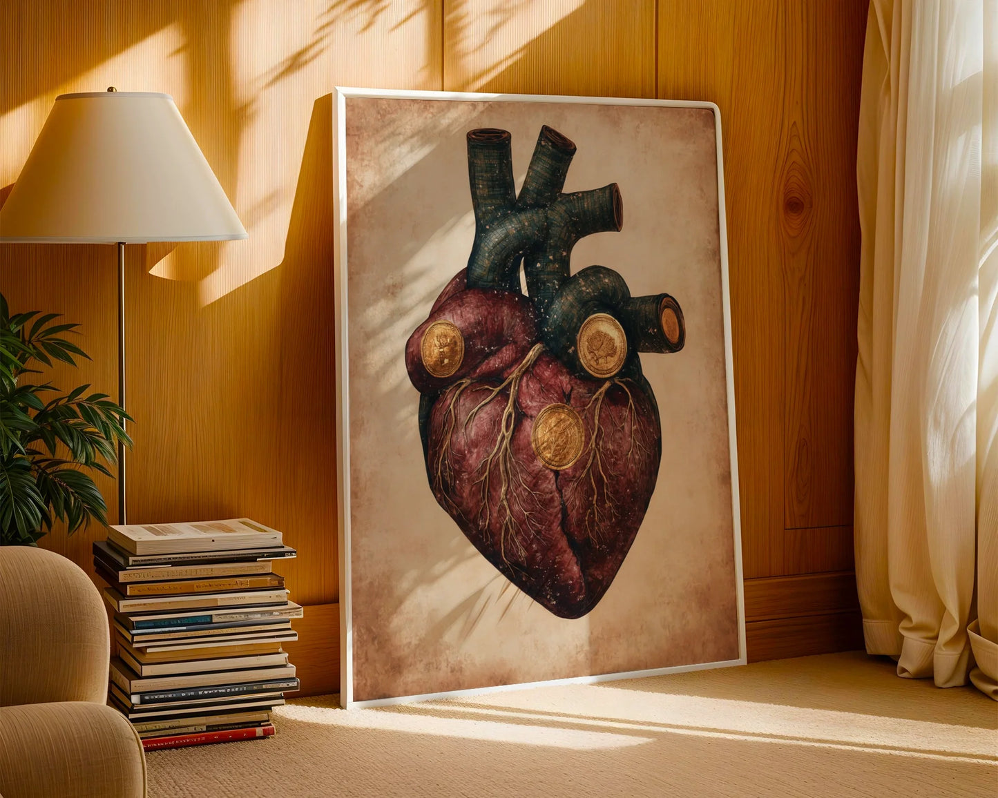 Steampunk Anatomical Heart Golden Medallions Canvas Wall Art — Scholarly wall decor showcasing oxidized metal heart design perfect for intellectual interiors