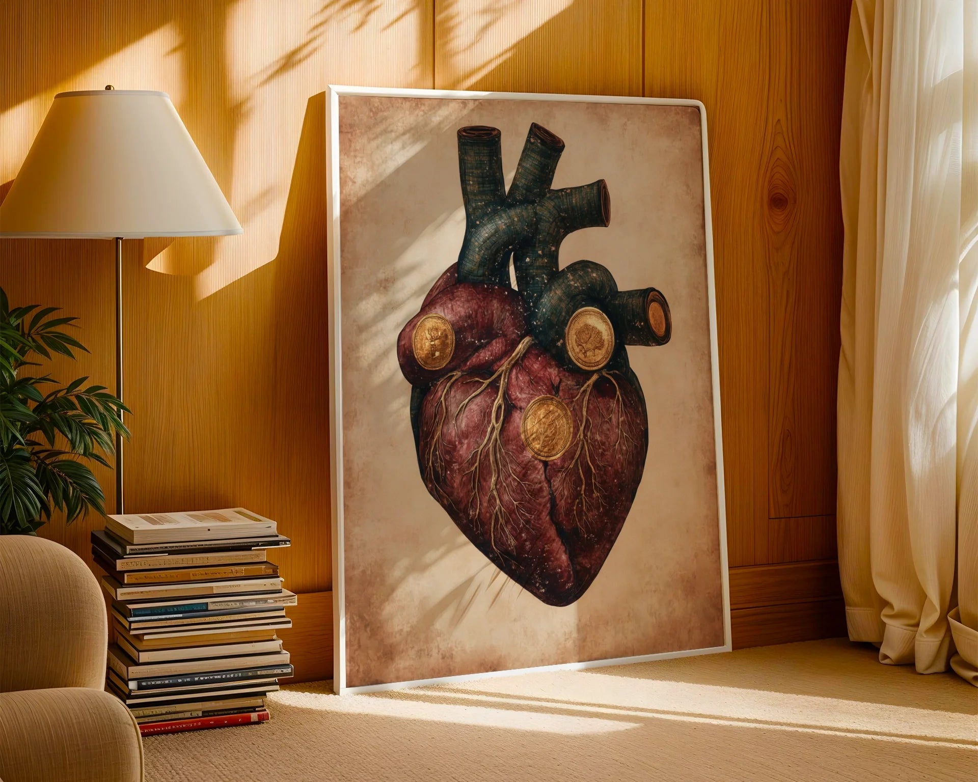 Steampunk Anatomical Heart Golden Medallions Canvas Wall Art — Scholarly wall decor showcasing oxidized metal heart design perfect for intellectual interiors