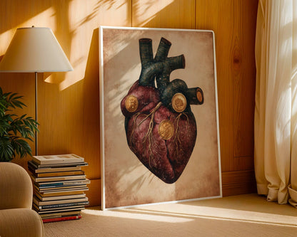 Steampunk Anatomical Heart Golden Medallions Canvas Wall Art — Scholarly wall decor showcasing oxidized metal heart design perfect for intellectual interiors