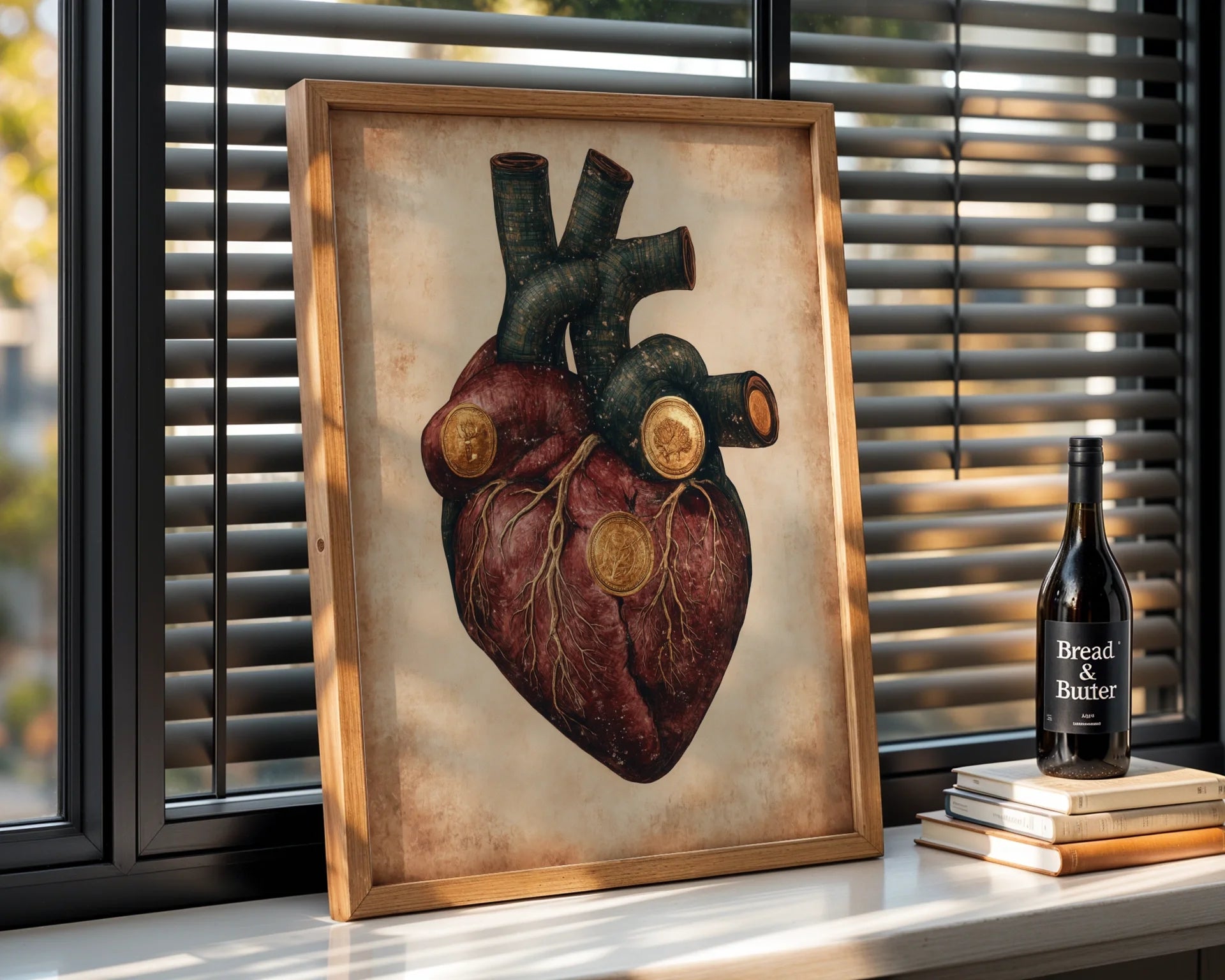 Steampunk Anatomical Heart Golden Medallions Canvas Wall Art — Historical medical artwork with ornate metallic embellishments styled in classic home setting