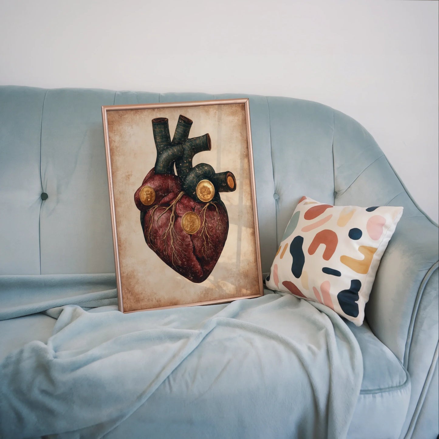 Steampunk Anatomical Heart Golden Medallions Canvas Wall Art — Vintage anatomical chart transformed with clockwork elements for distinctive wall decoration