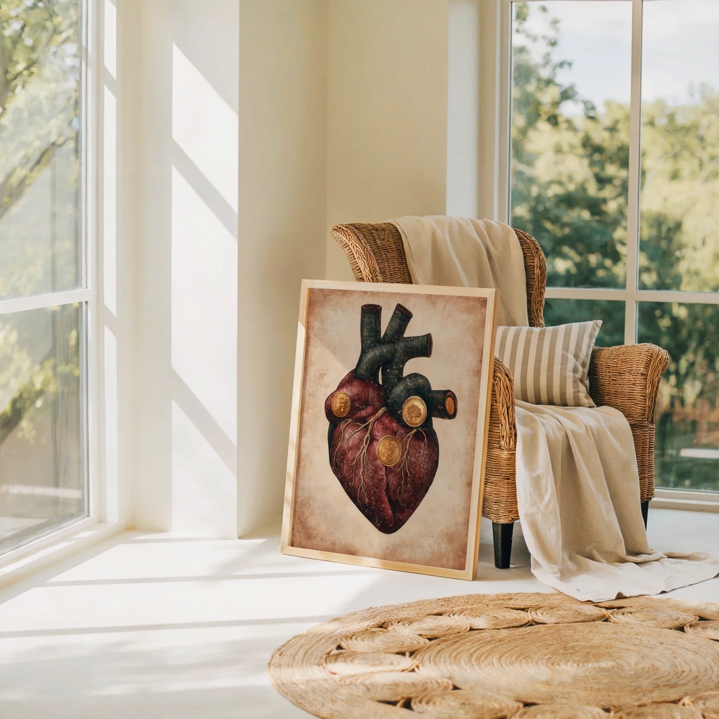 Steampunk Anatomical Heart Golden Medallions Canvas Wall Art — Deep crimson heart canvas with weathered bronze finish adding richness to neutral room palette