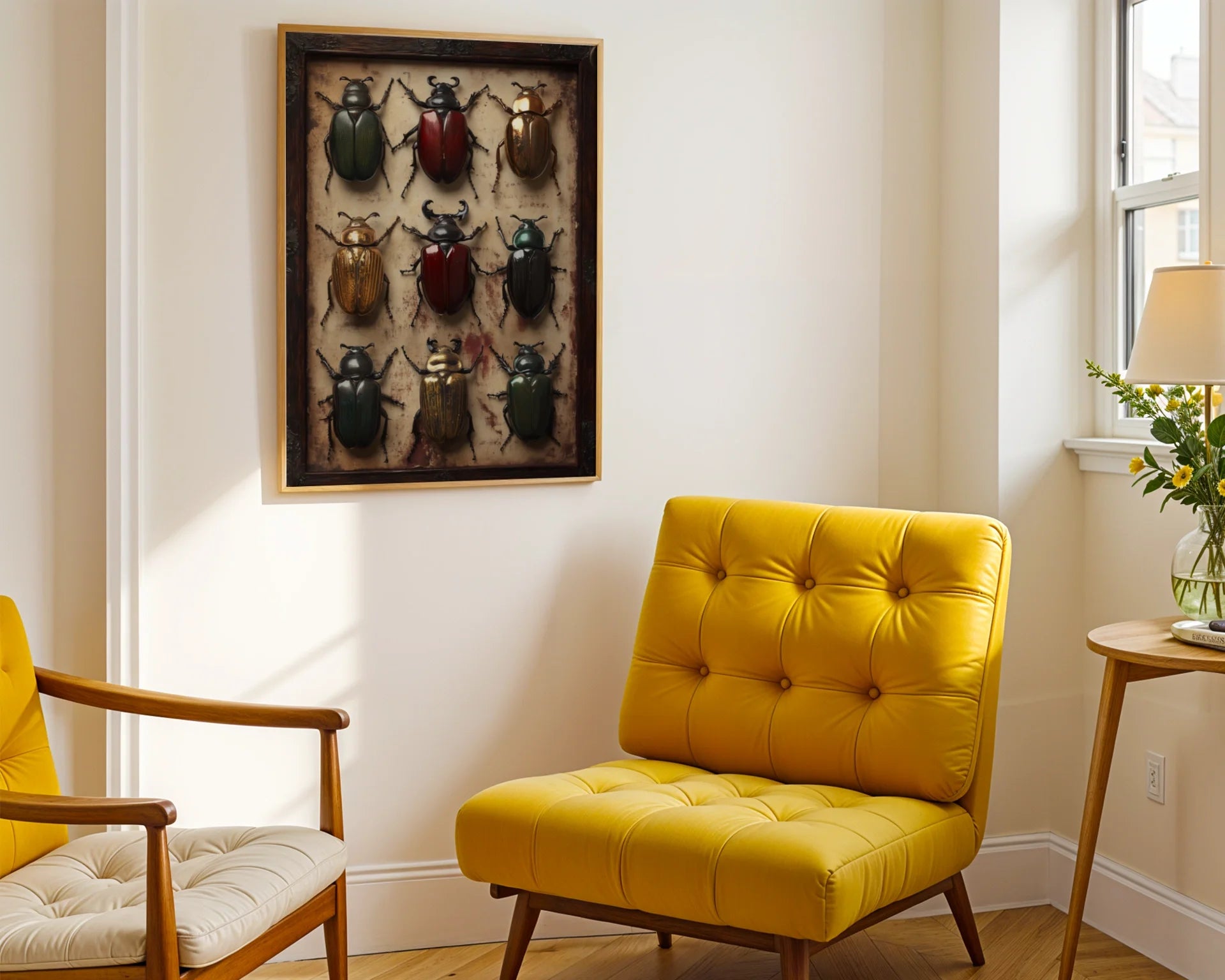 Beetle Specimen Art Victorian Entomology Canvas Wall Art — Scholarly canvas showcasing nine metallic insects arranged in scientific display for academic home decor