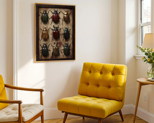 Beetle Specimen Art Victorian Entomology Canvas Wall Art — Scholarly canvas showcasing nine metallic insects arranged in scientific display for academic home decor