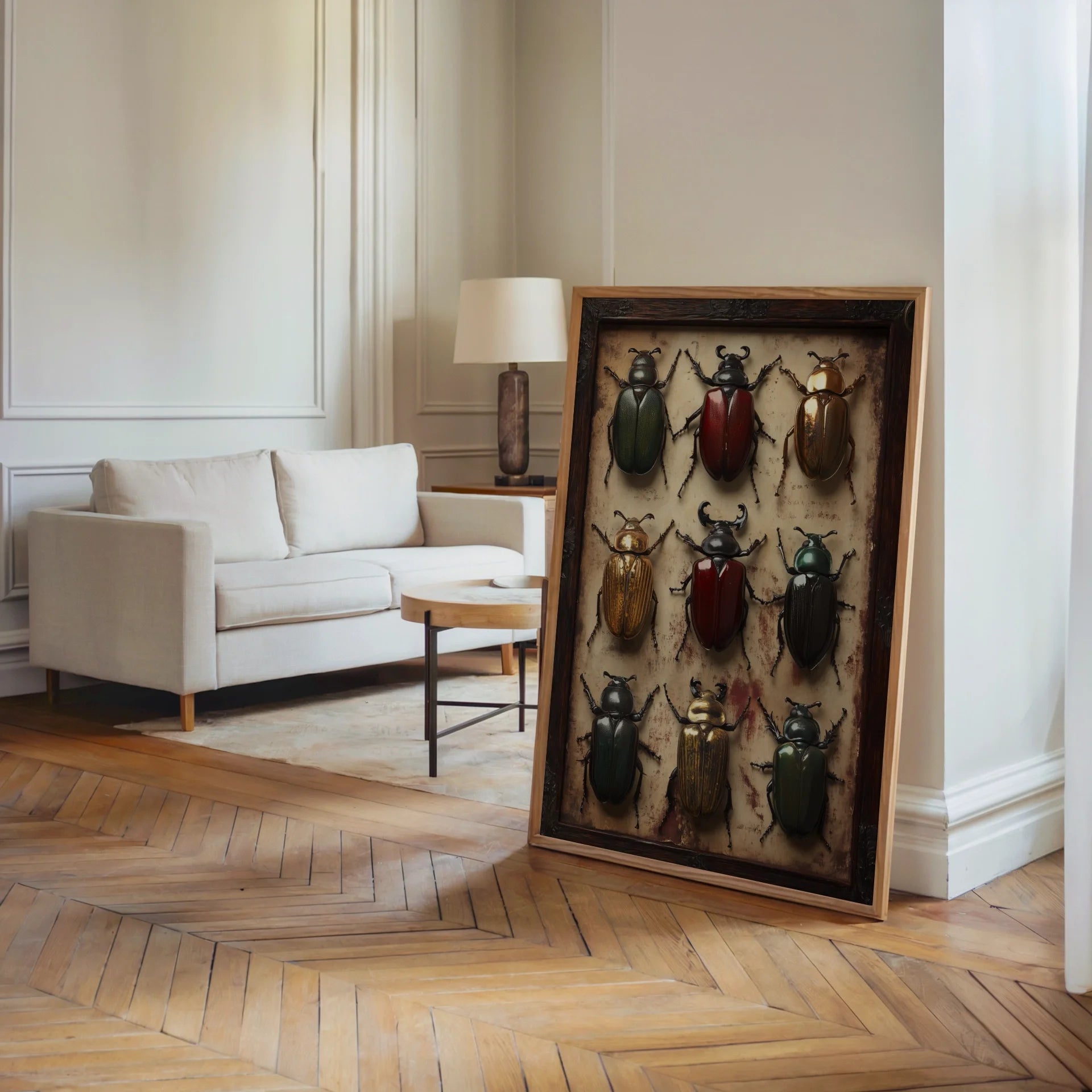 Beetle Specimen Art Victorian Entomology Canvas Wall Art — Deep forest green canvas with shimmering copper beetle shells creating rich textural wall art