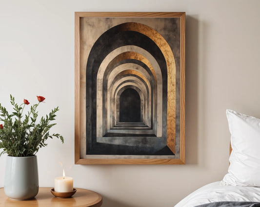 Large Abstract Tunnel Copper Infinity Canvas Wall Art — Upscale living room showcases dimensional passageway artwork for sophisticated modern home decor