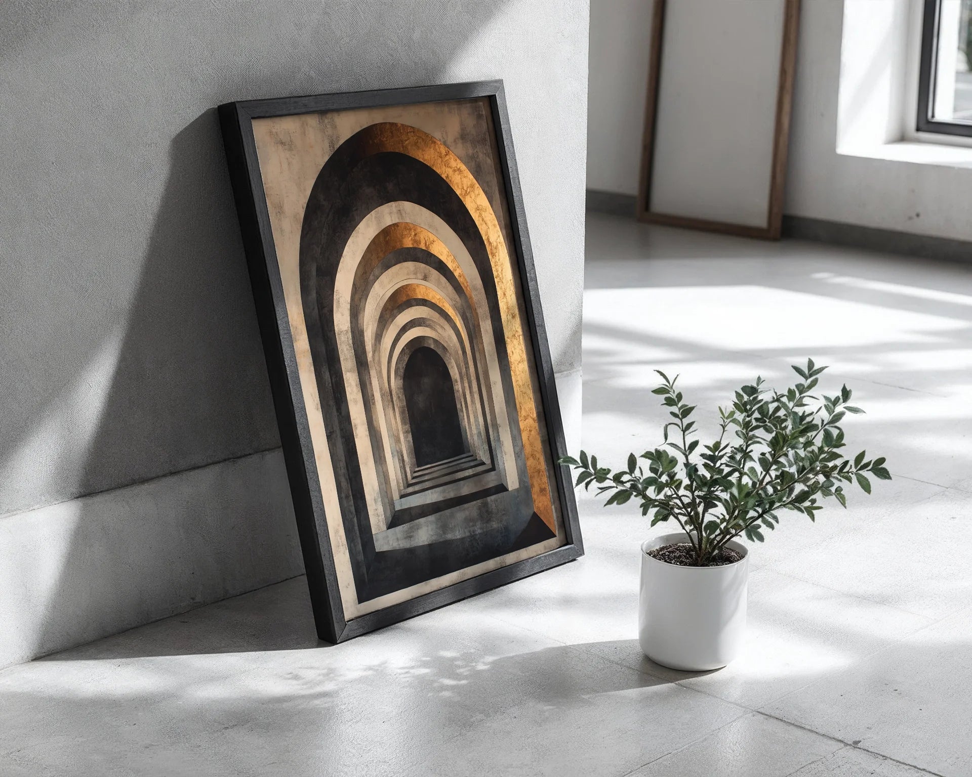 Large Abstract Tunnel Copper Infinity Canvas Wall Art — Textured limestone passage print displayed in refined living space for elevated abstract home styling
