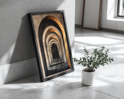 Large Abstract Tunnel Copper Infinity Canvas Wall Art — Textured limestone passage print displayed in refined living space for elevated abstract home styling