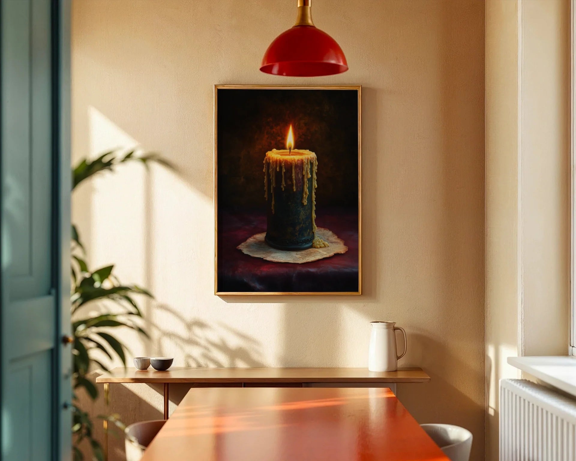 Medieval Candle Dripping Wax Dark Academia Canvas Wall Art — Shadowy candle illustration framed on wall creating gothic ambiance for contemporary home decor